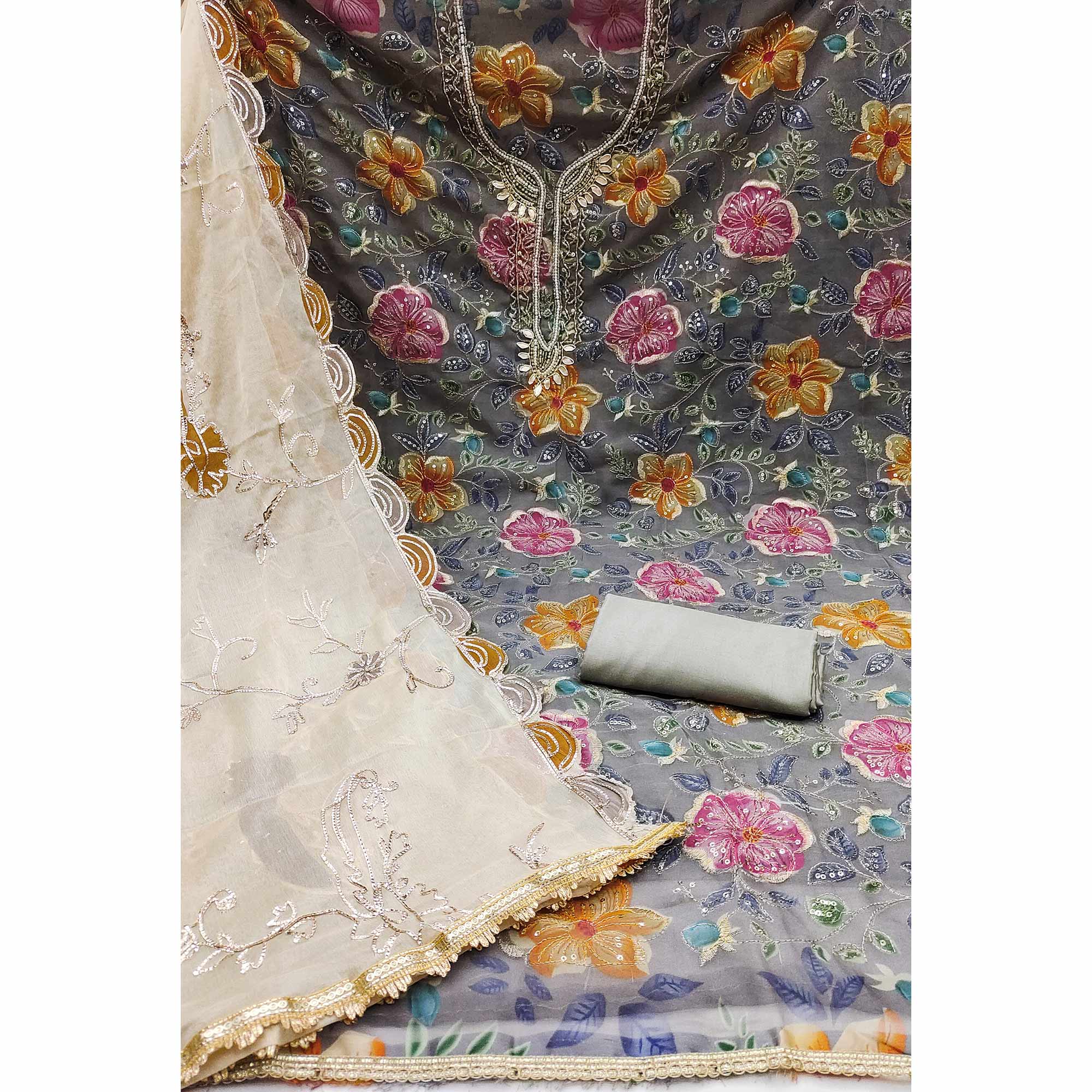 Grey Sequins Embroidery With Handwork Organza Dress Material