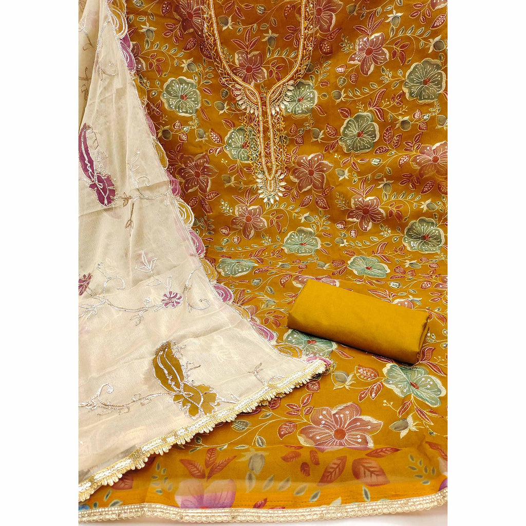 Mustard Sequins Embroidery With Handwork Organza Dress Material