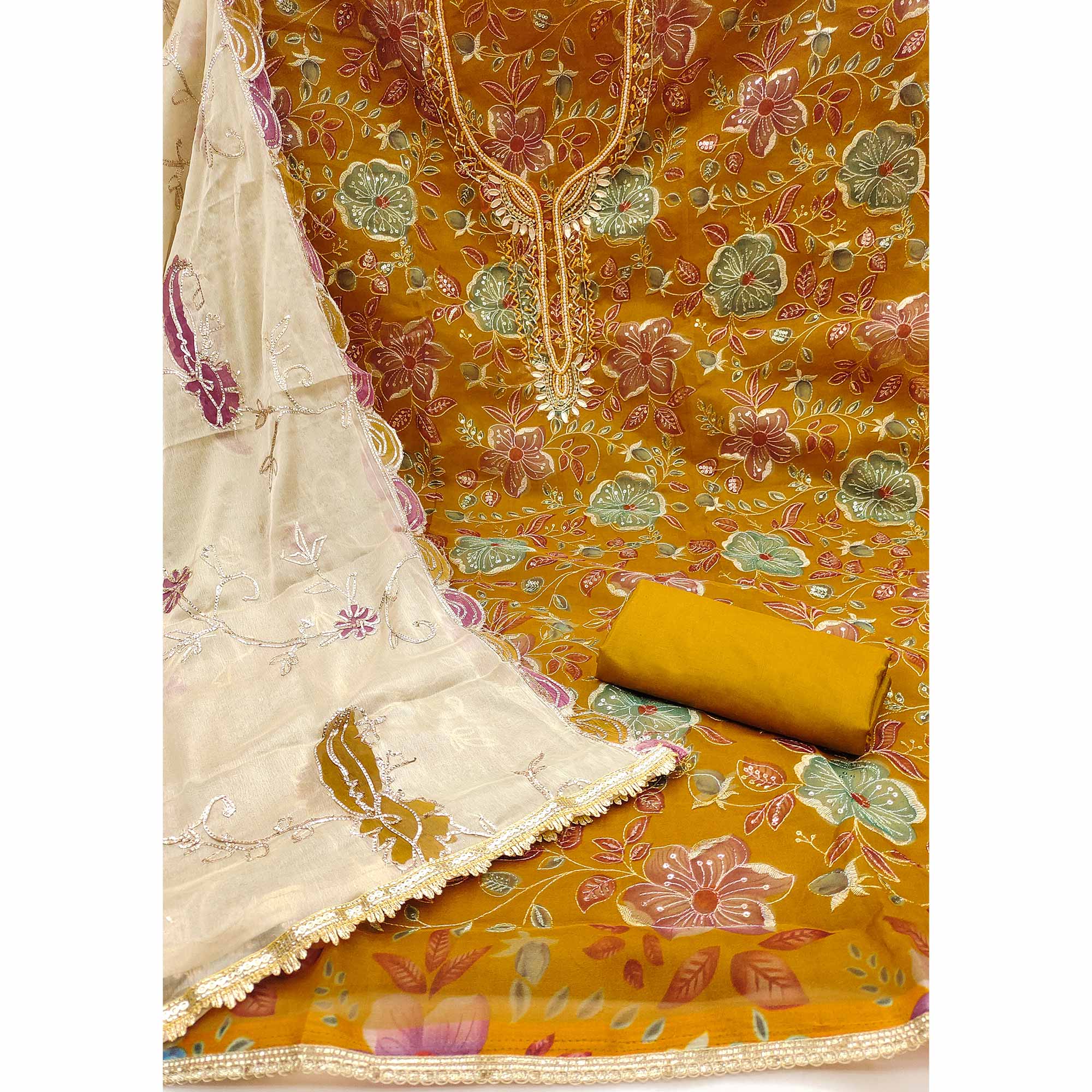 Mustard Sequins Embroidery With Handwork Organza Dress Material