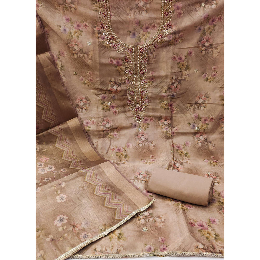 Brown Floral Digital Printed With Handwork Viscose Dress Material