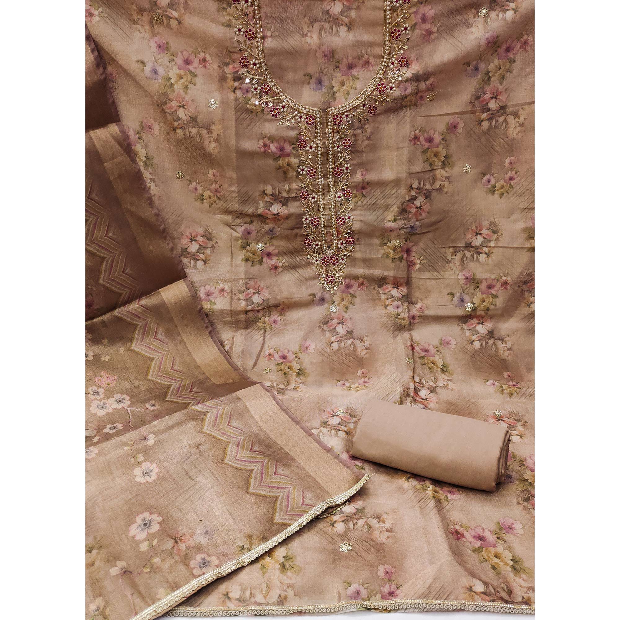 Brown Floral Digital Printed With Handwork Viscose Dress Material
