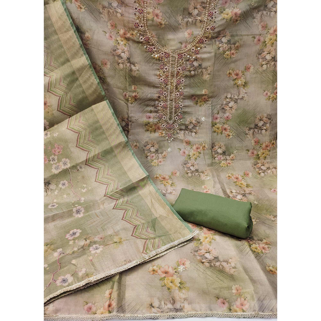 Green Floral Digital Printed With Handwork Viscose Dress Material