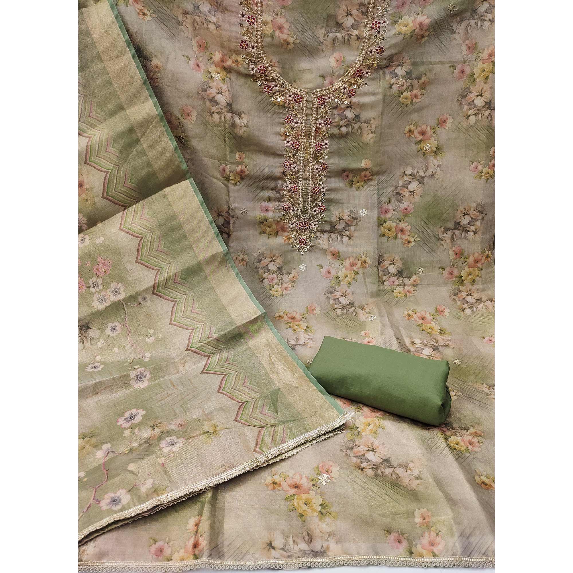 Green Floral Digital Printed With Handwork Viscose Dress Material