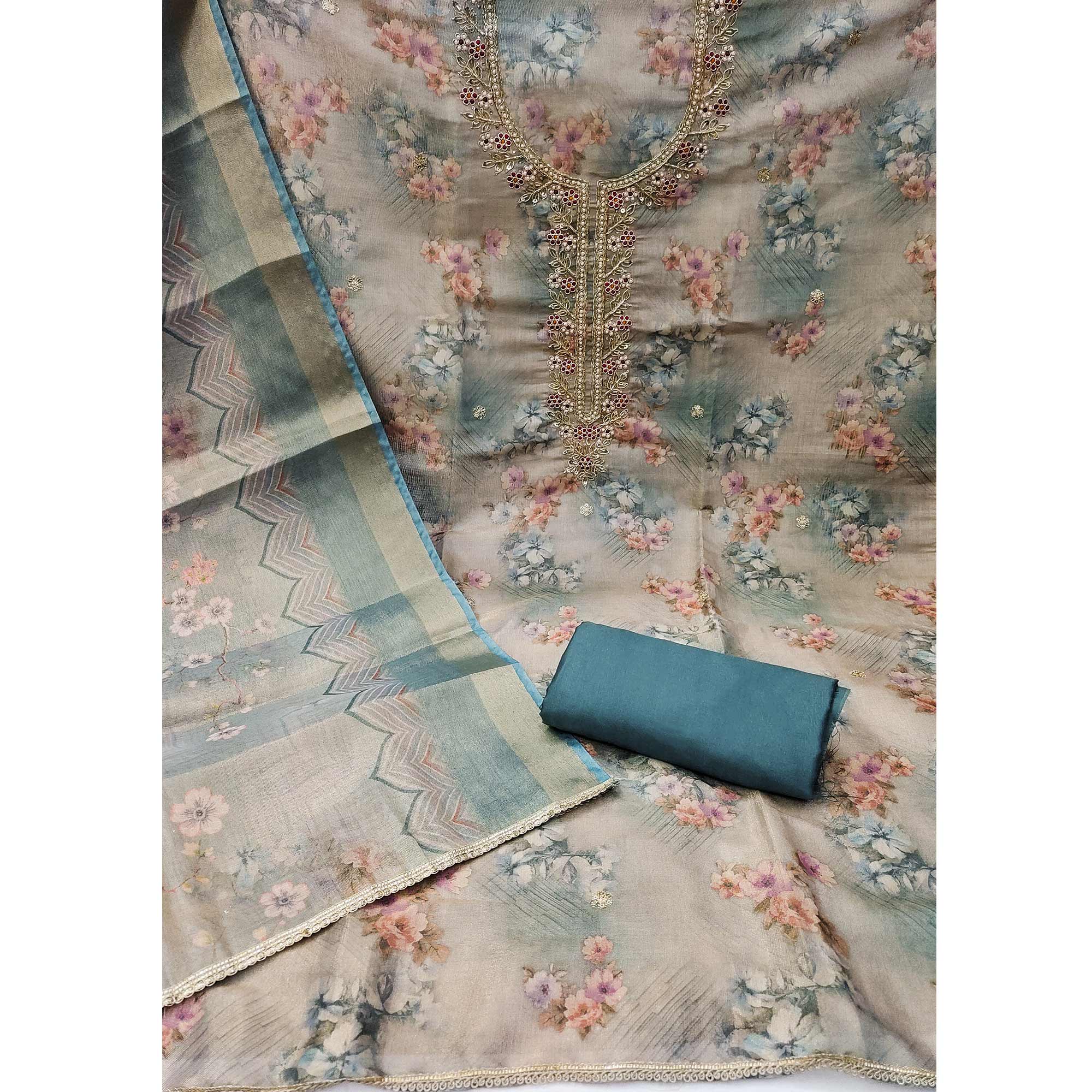 Morpich Floral Digital Printed With Handwork Viscose Dress Material