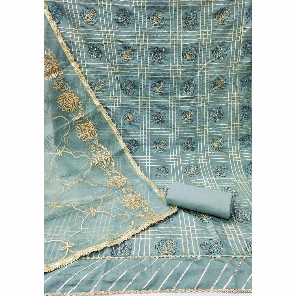 Blue Printed With Gota Patti & Stonework Roman Cotton Silk Dress Material