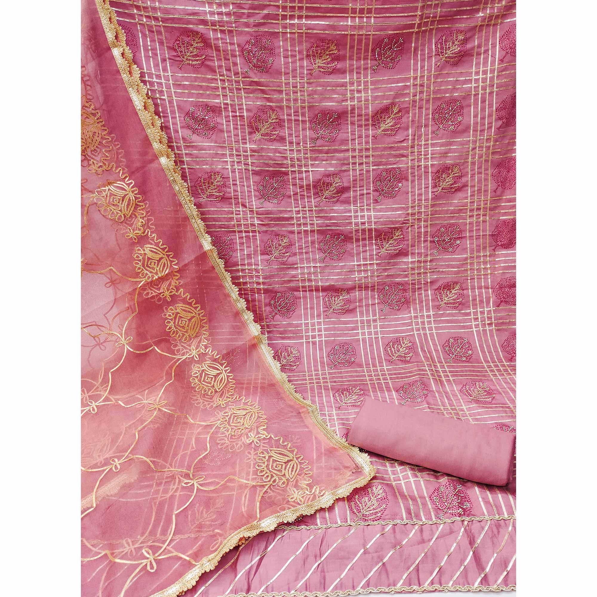 Pink Printed With Gota Patti & Stonework Roman Cotton Silk Dress Material