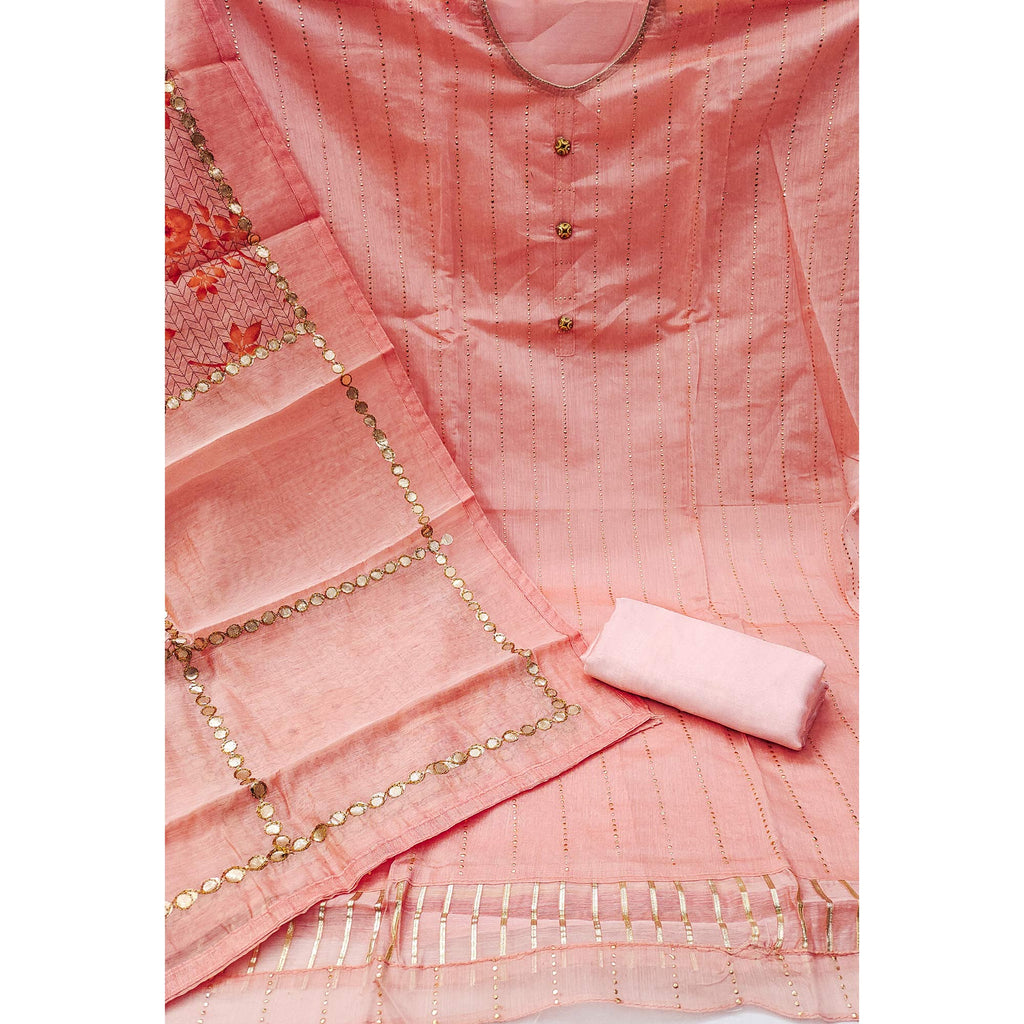 Peach Hand Printed With Gota Patti Work Chanderi Silk Dress Material