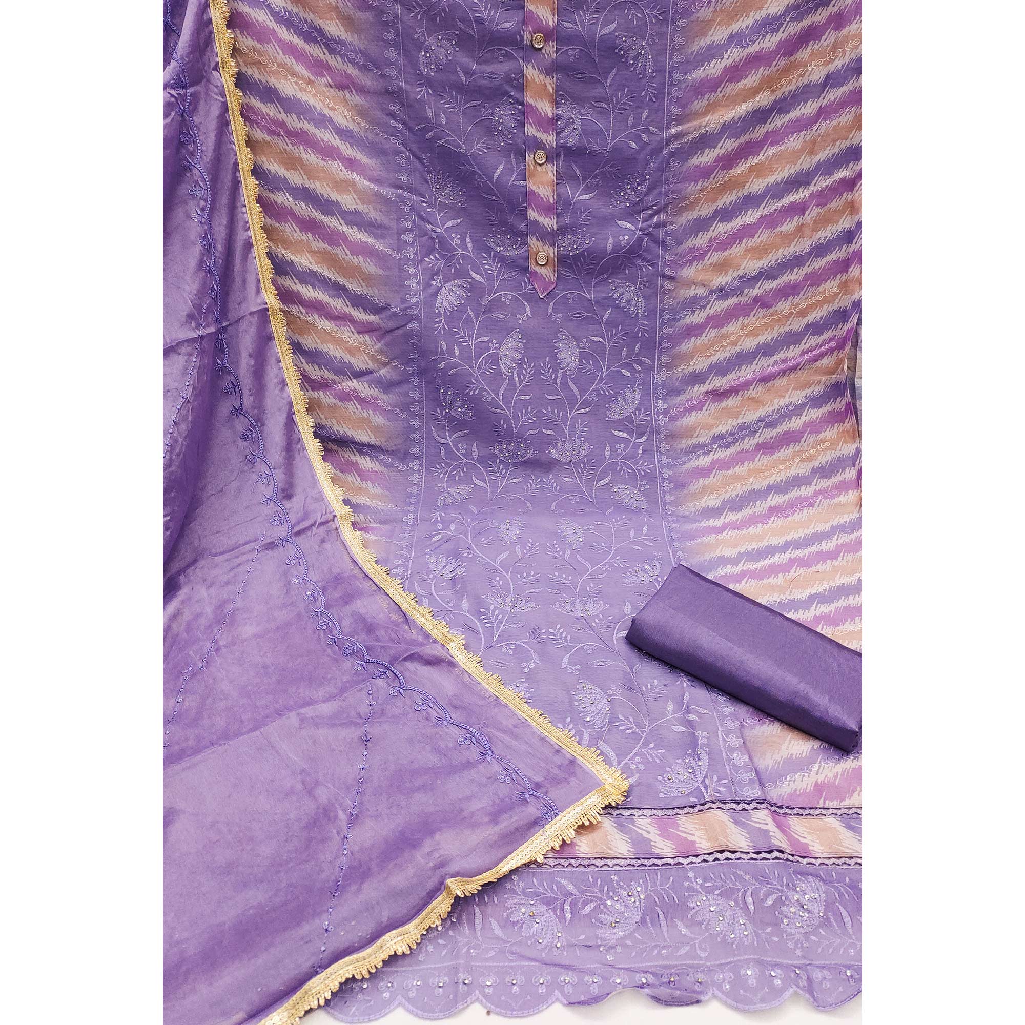 Lavender Floral Embroidery With Digital Printed Chanderi Silk Dress Material