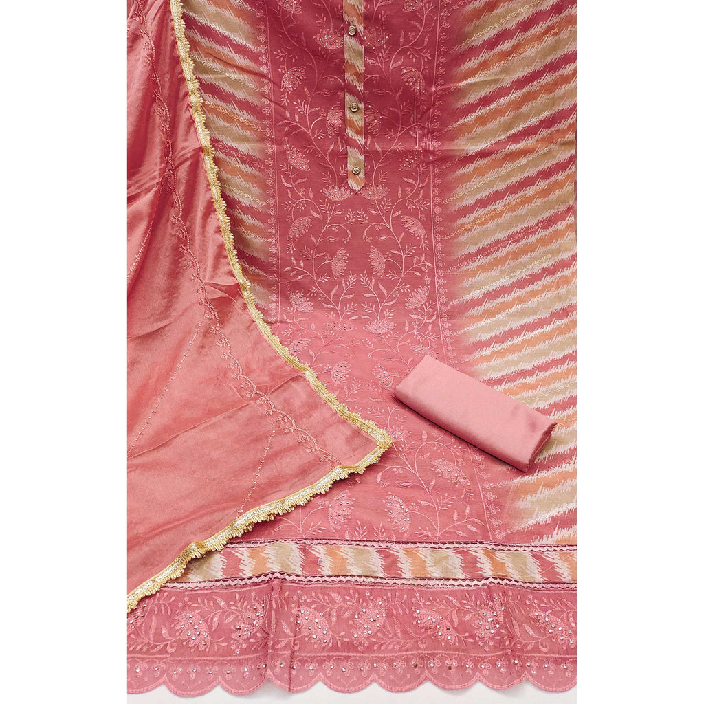Peach Floral Embroidery With Digital Printed Chanderi Silk Dress Material