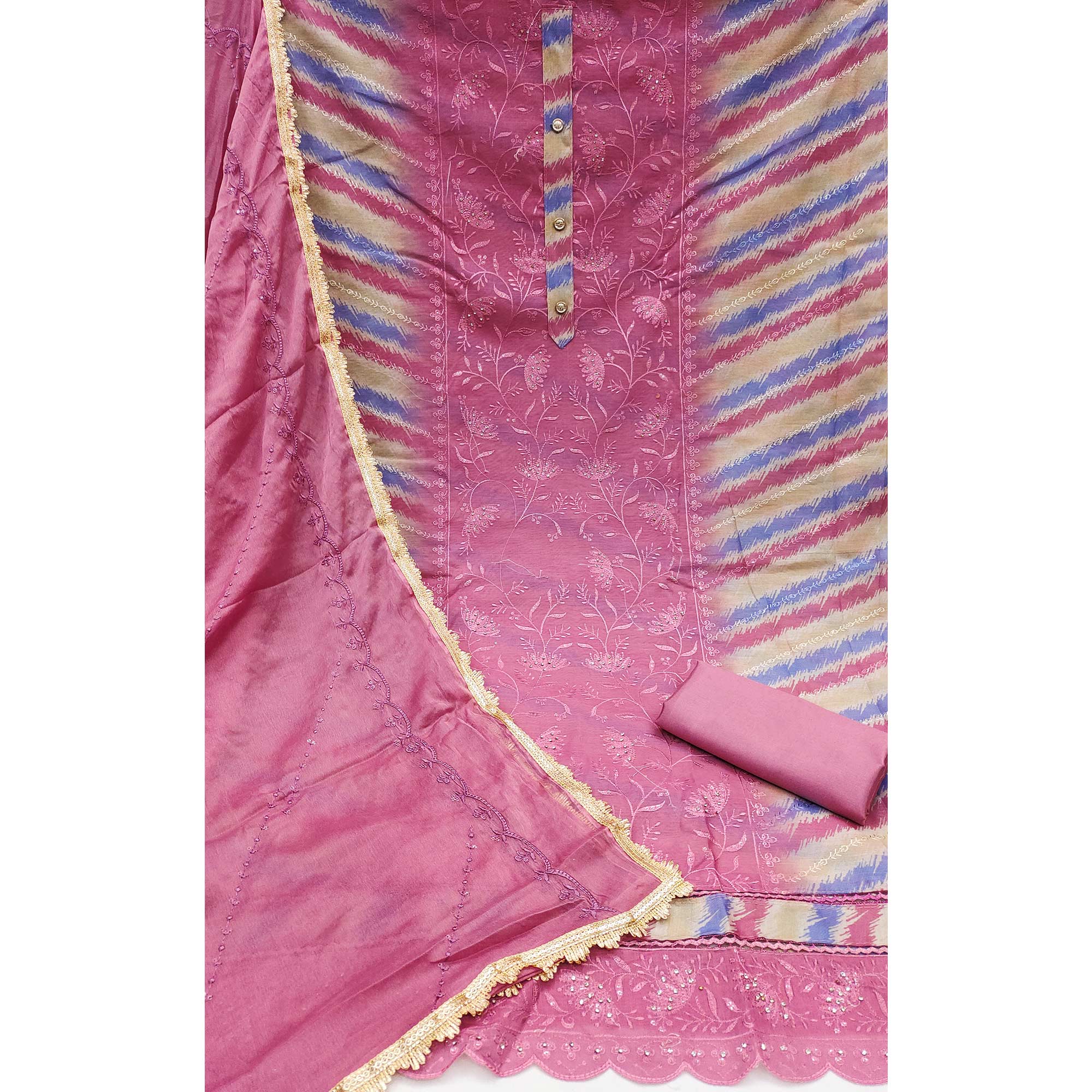 Pink Floral Embroidery With Digital Printed Chanderi Silk Dress Material