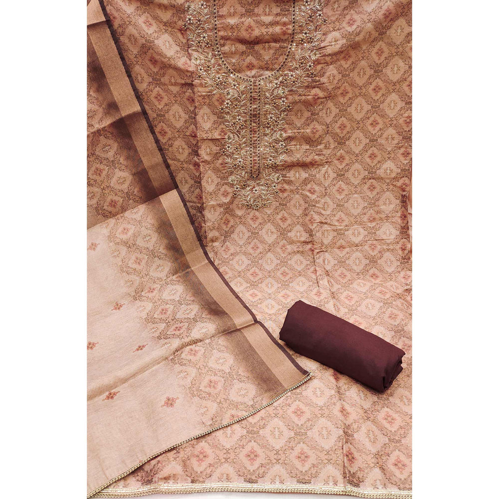 Light Peach Digital Printed With Hand Embroidered Cotton Silk Dress Material