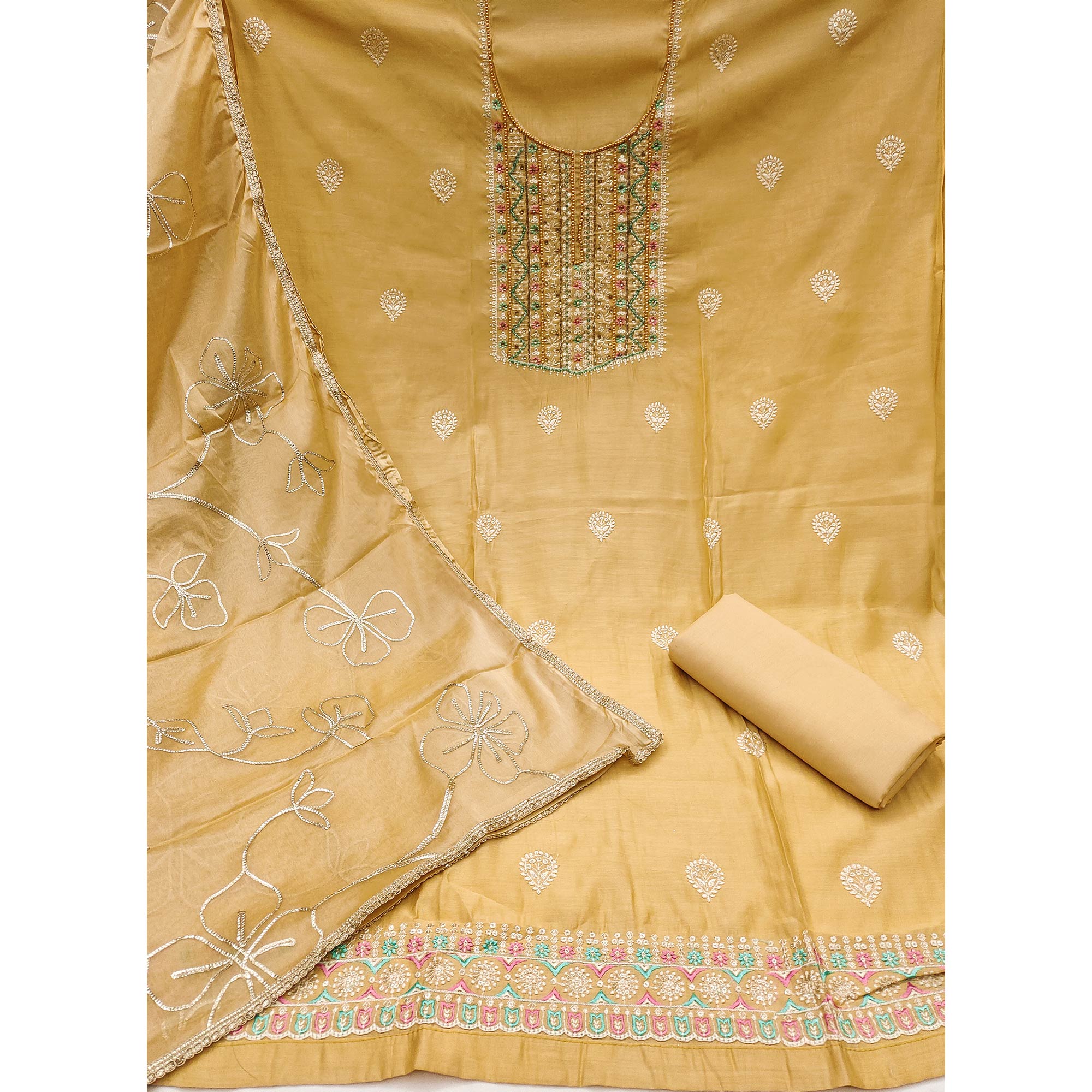 Chikoo Floral Sequins Embroidery With Handwork Cotton Silk Dress Material