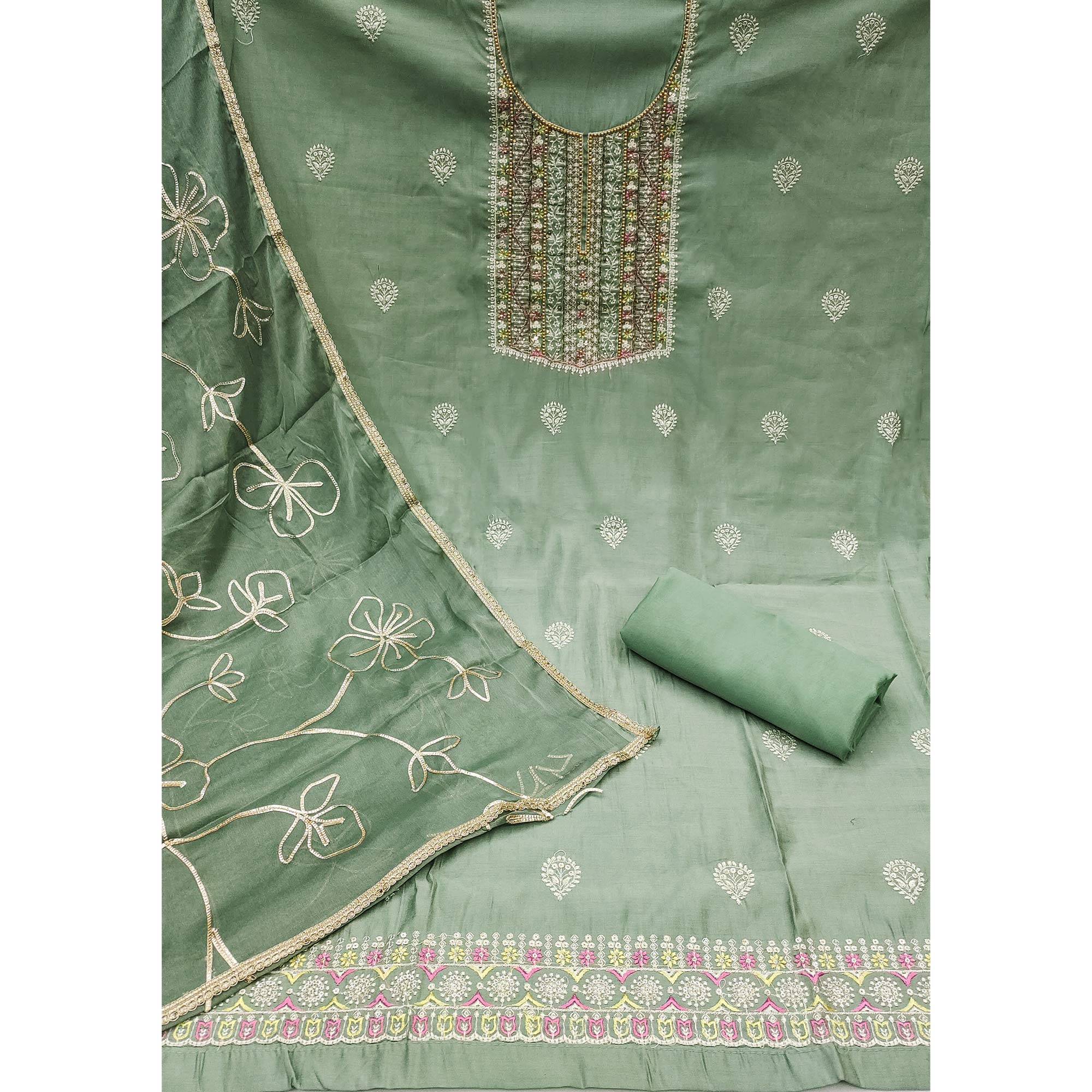 Green Floral Sequins Embroidery With Handwork Cotton Silk Dress Material