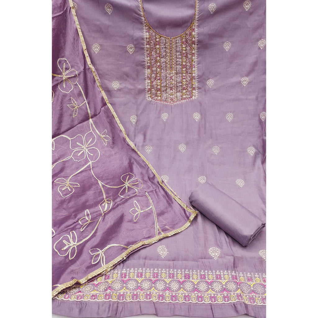Lavender Floral Sequins Embroidery With Handwork Cotton Silk Dress Material