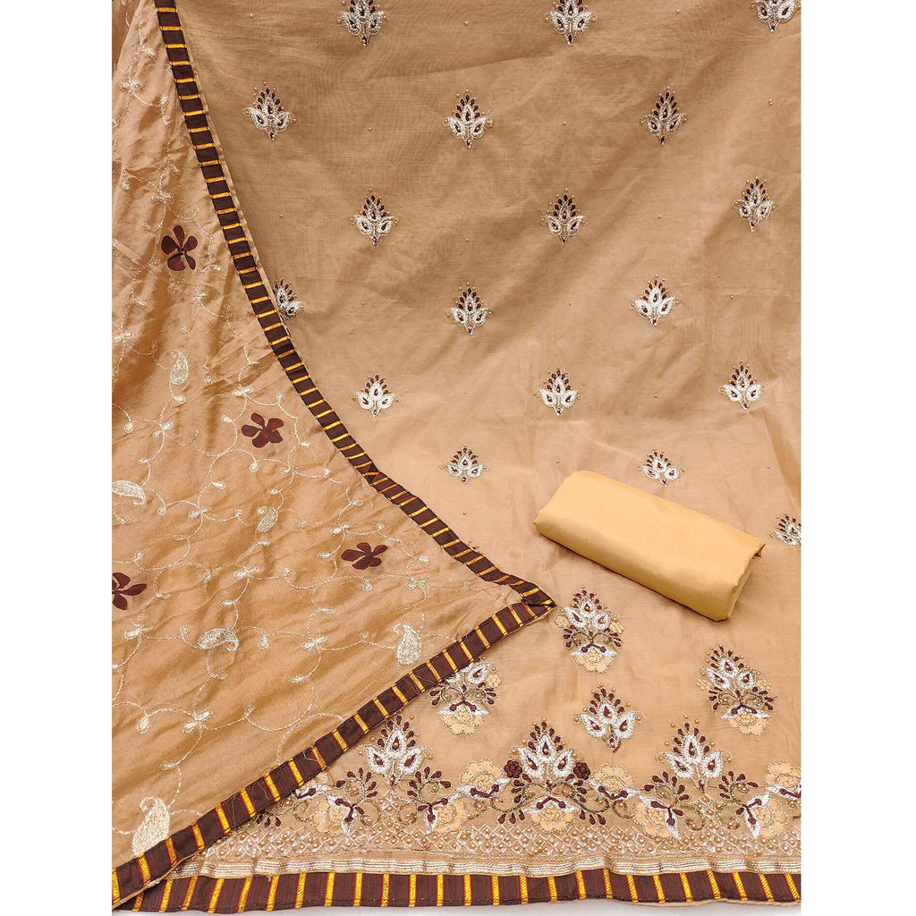 Chikoo Floral Embroidery With Moti Handwork Chanderi Silk Dress Material