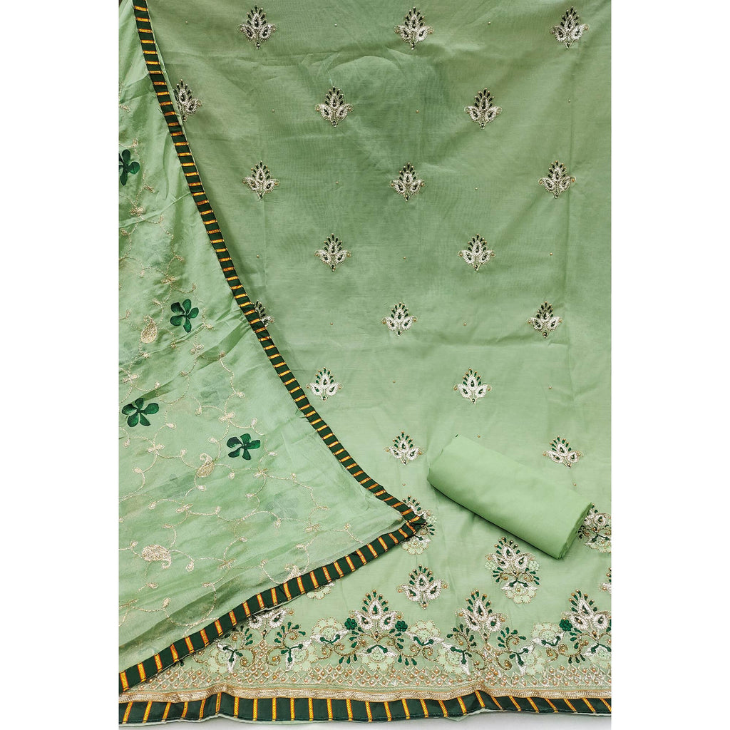 Green Floral Embroidery With Moti Handwork Chanderi Silk Dress Material