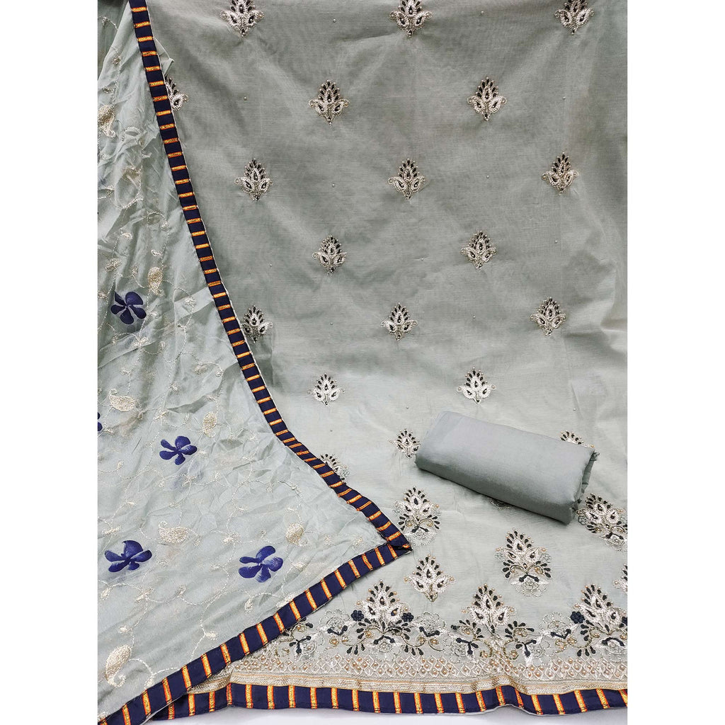 Grey Floral Embroidery With Moti Handwork Chanderi Silk Dress Material