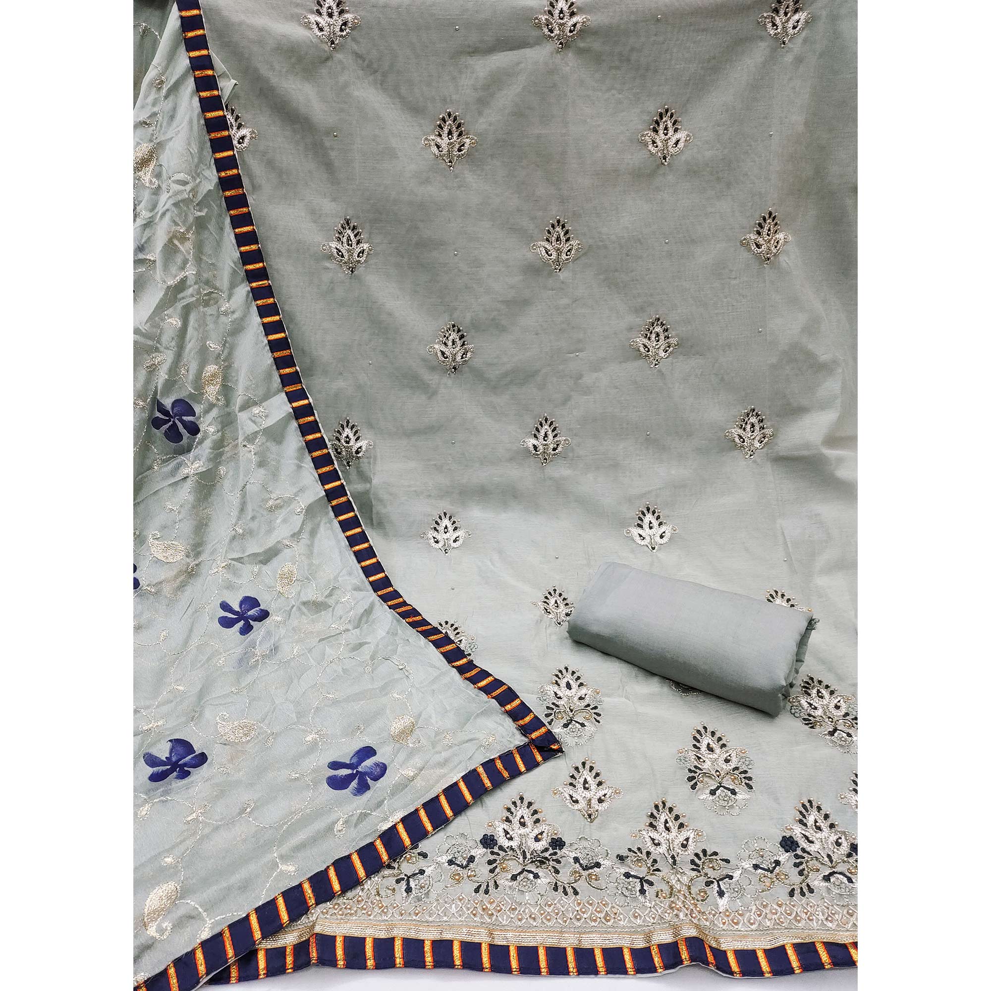 Grey Floral Embroidery With Moti Handwork Chanderi Silk Dress Material