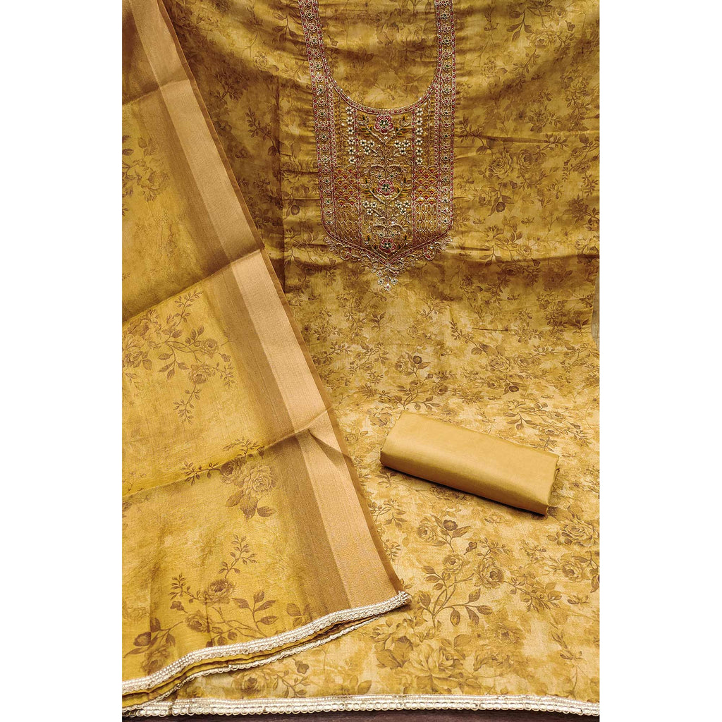 Mustard Floral Digital Printed With Moti Handwork Cotton Silk Dress Material