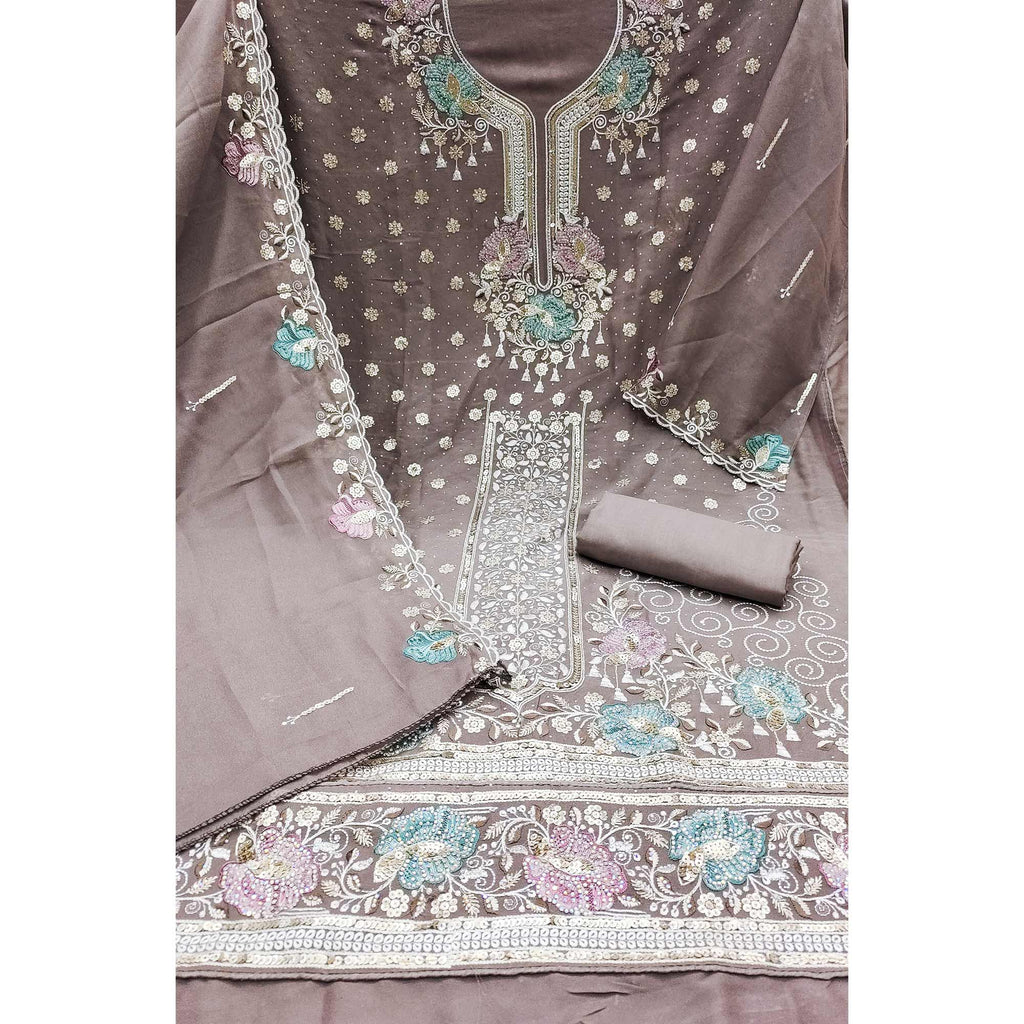 Dusty Brown Floral Sequins Embroidery With Stonework Dress Material In Viscose