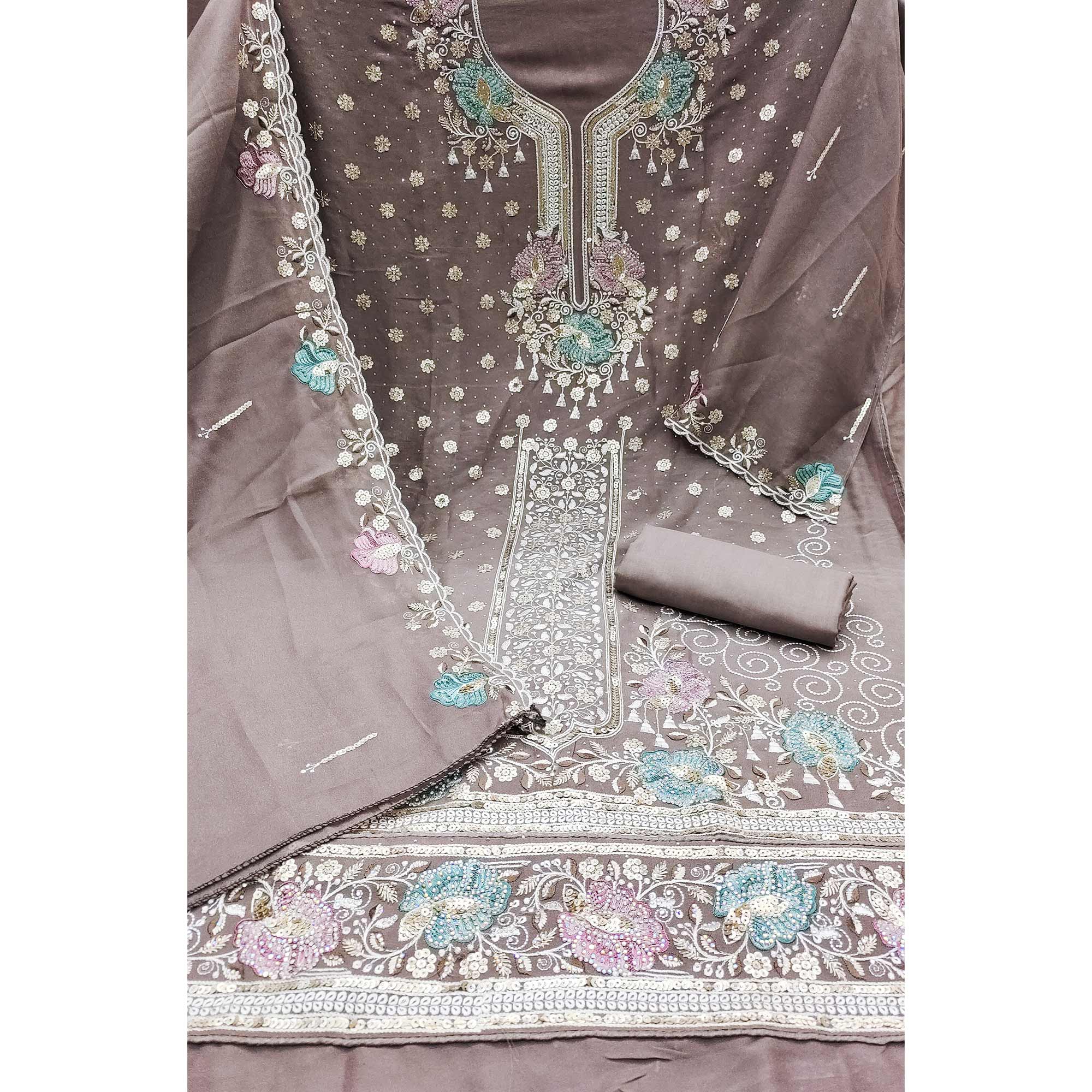 Dusty Brown Floral Sequins Embroidery With Stonework Dress Material In Viscose