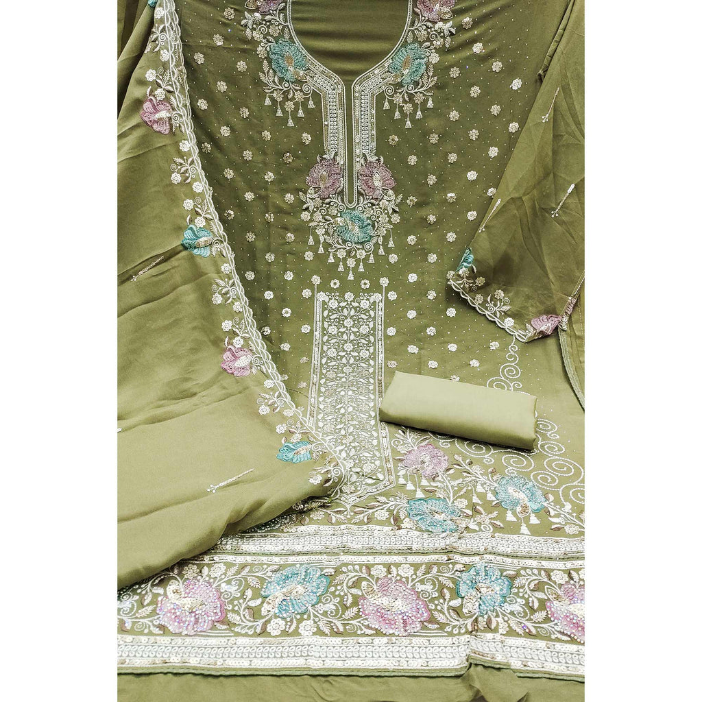 Green Floral Sequins Embroidery With Stonework Dress Material In Viscose