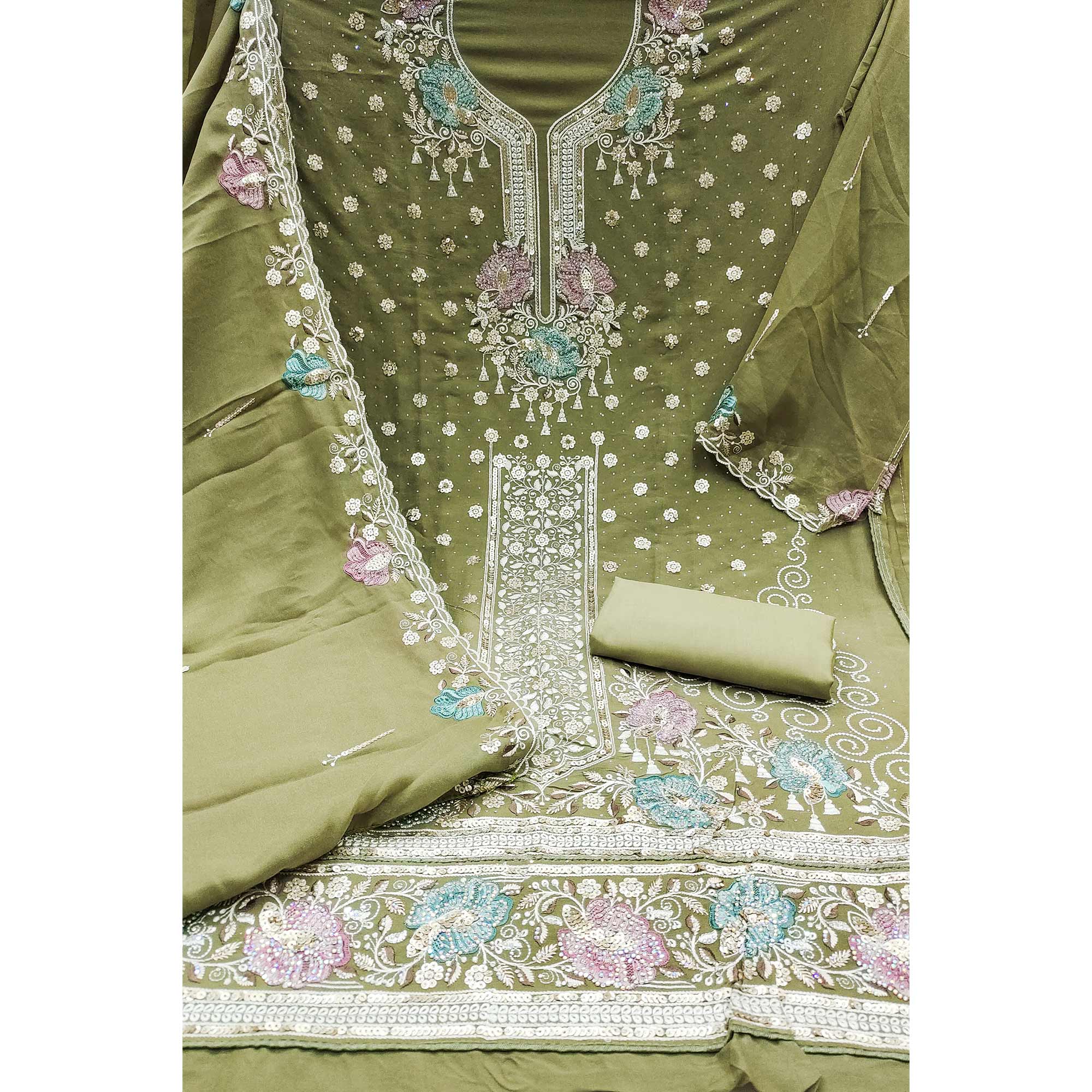 Green Floral Sequins Embroidery With Stonework Dress Material In Viscose
