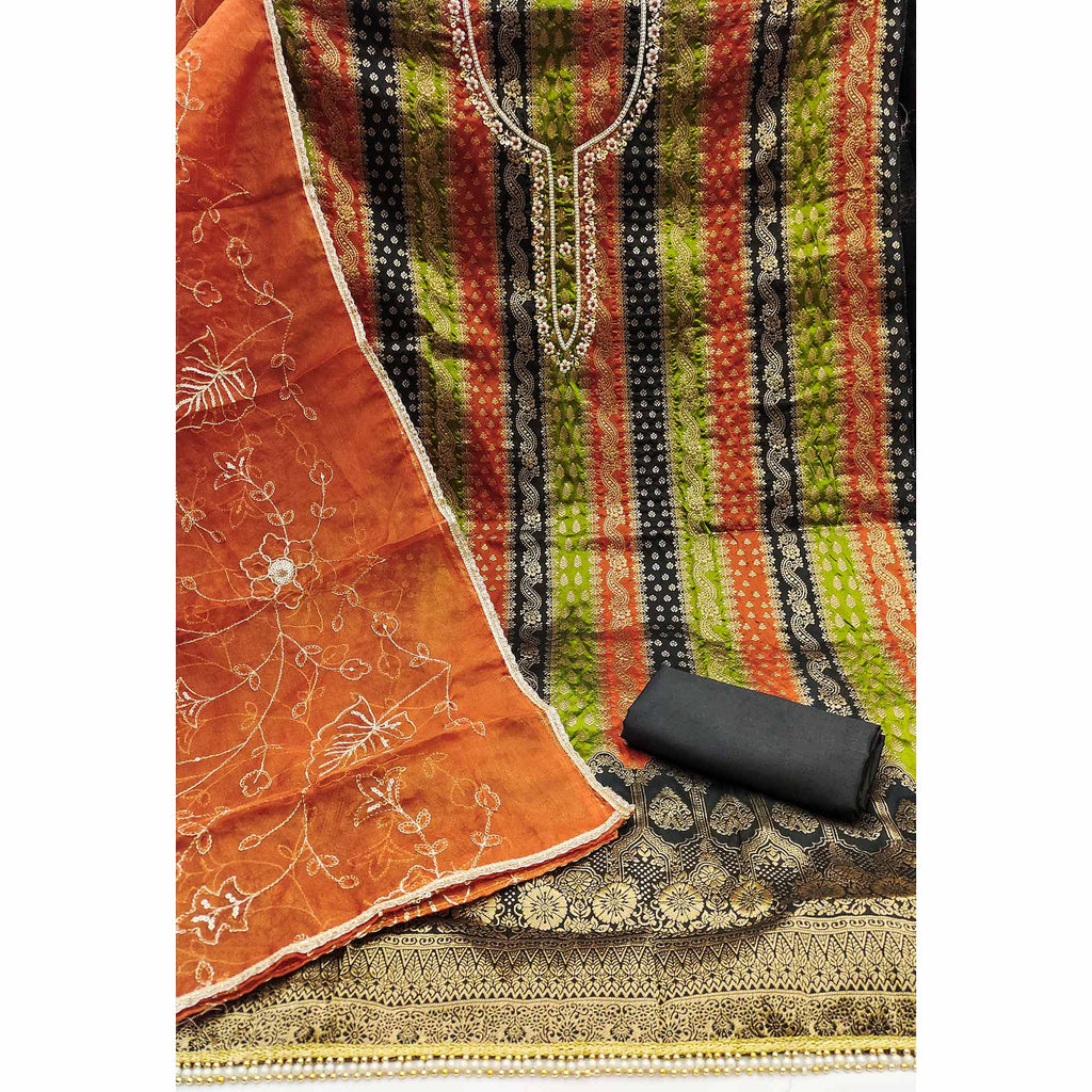 Black Banarasi Silk Jacquard Dress Material With Floral Woven Handwork Detailing