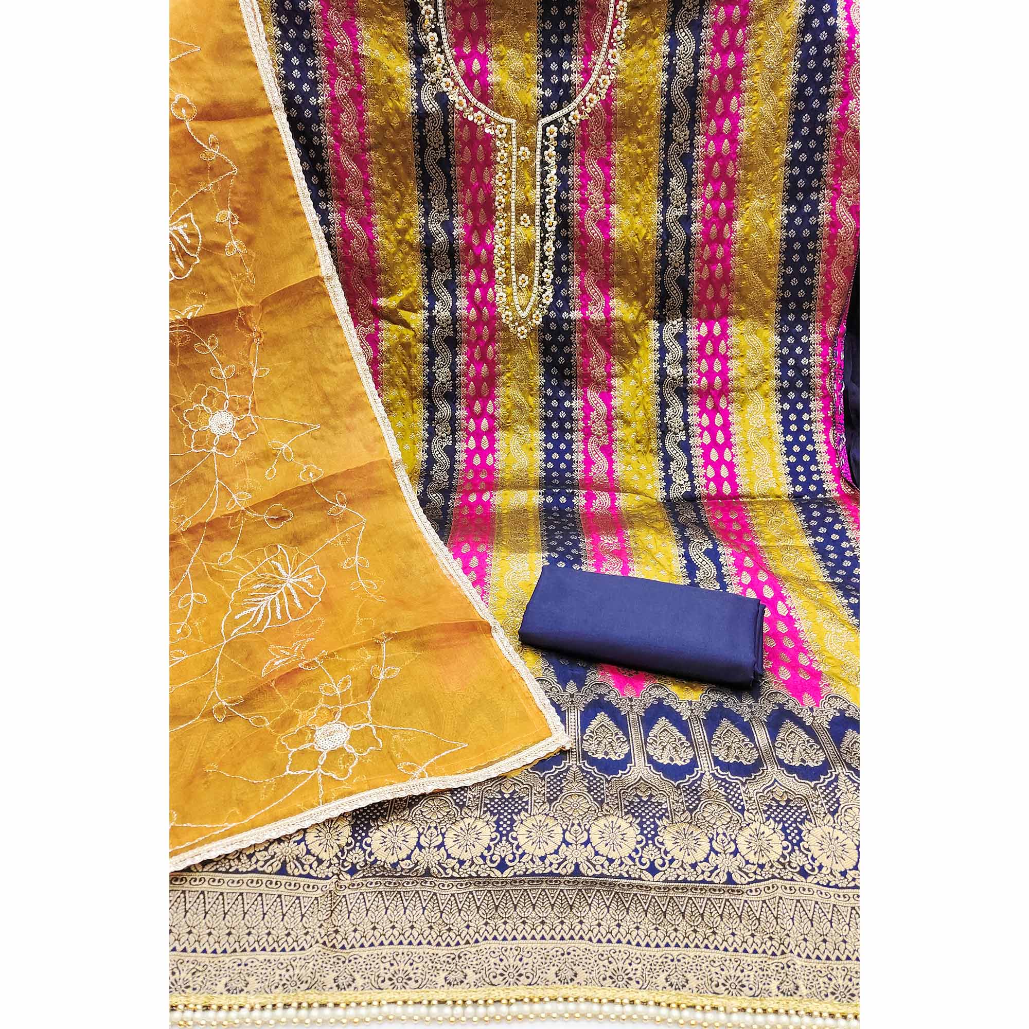 Navy Blue Banarasi Silk Jacquard Dress Material With Floral Woven Handwork Detailing