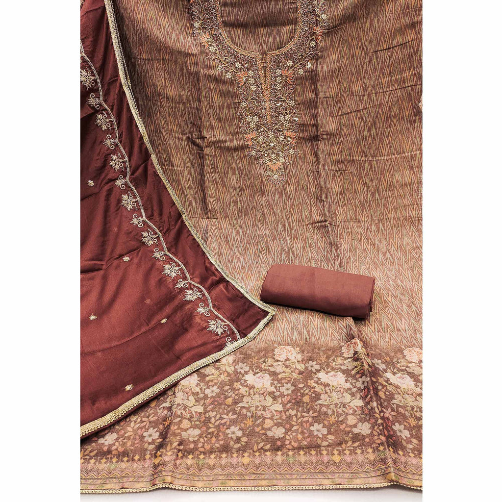 Festive Ready Brown Dress Material in Cotton Silk with Exquisite Hand Embroidery