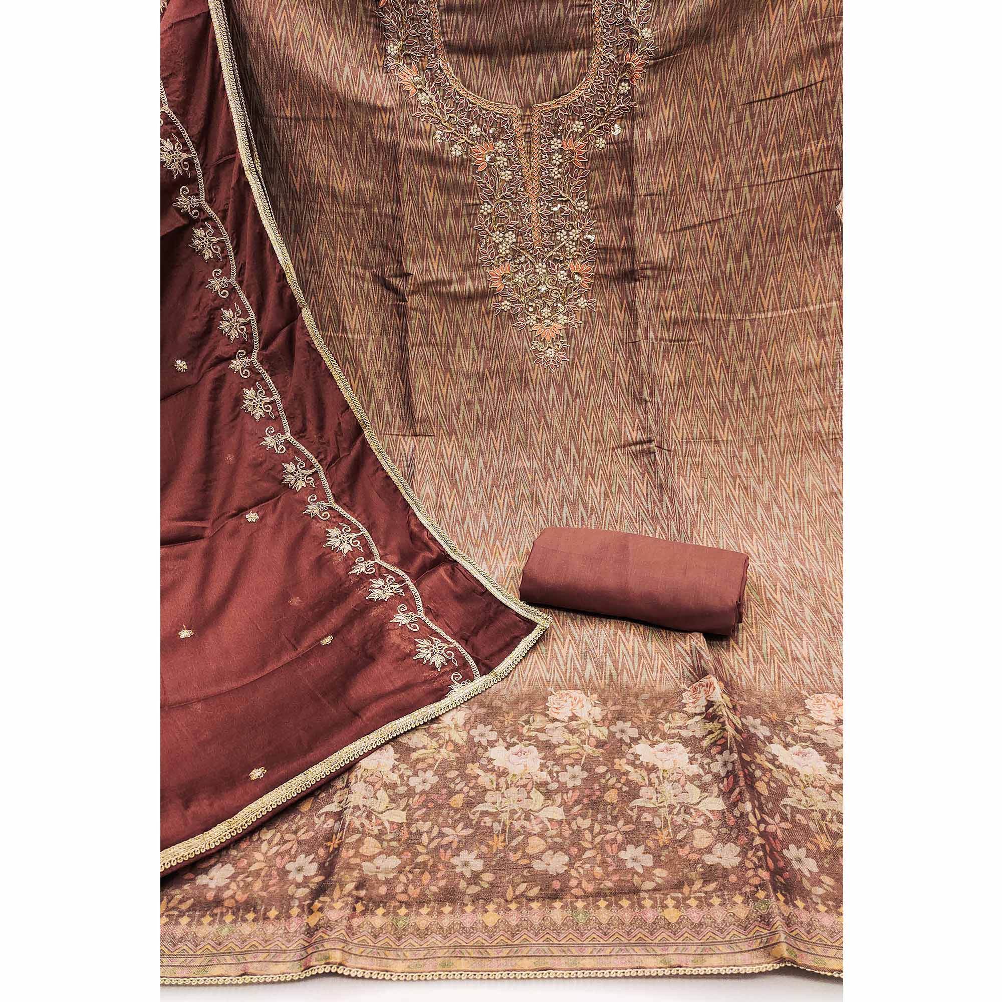 Festive Ready Brown Dress Material in Cotton Silk with Exquisite Hand Embroidery