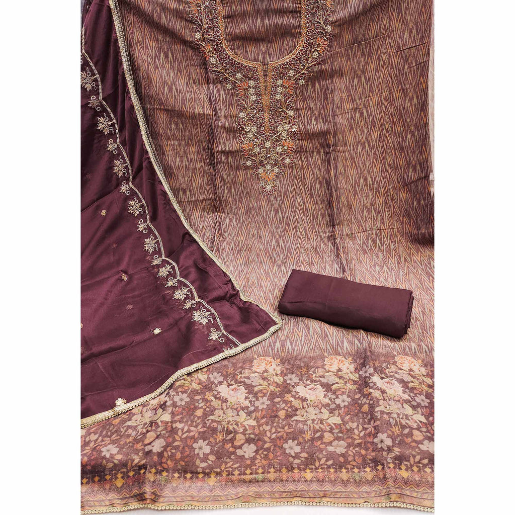 Festive Ready Wine Dress Material in Cotton Silk with Exquisite Hand Embroidery