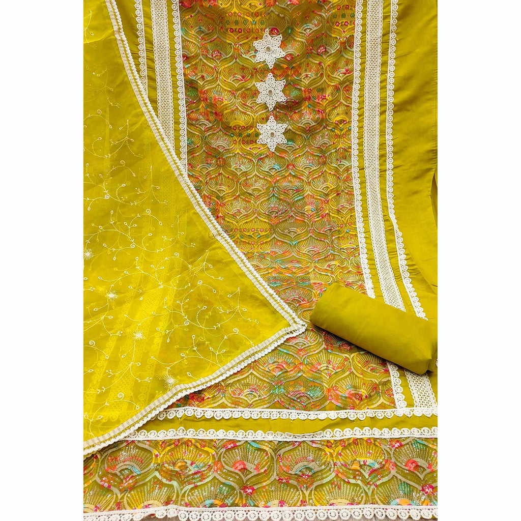 Festive Ready Lemon Green Heavy Embroidered Dress Material in Roman Cotton Silk Fabric