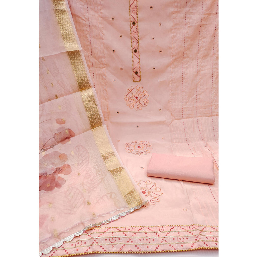 Peach Cotton Silk Dress Material With Intricate Thread Embroidery With Handwork