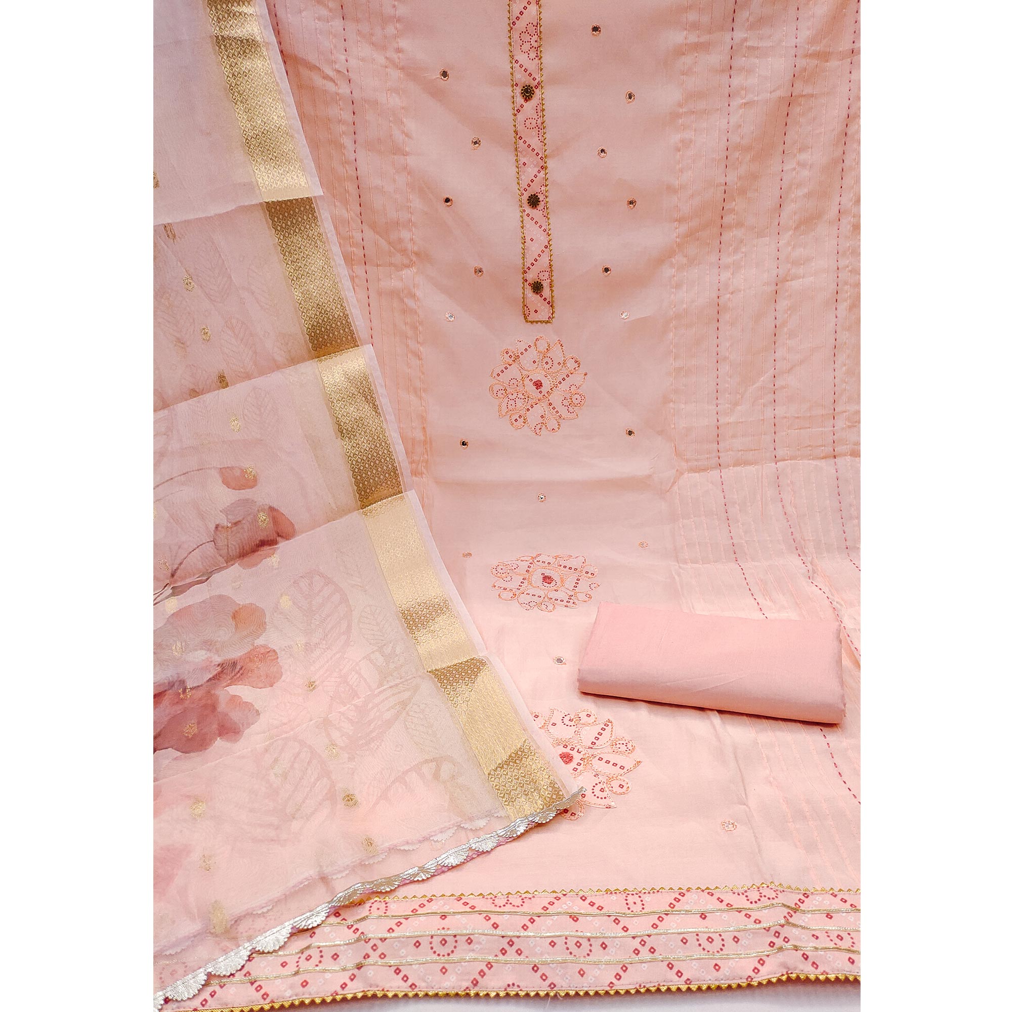 Peach Cotton Silk Dress Material With Intricate Thread Embroidery With Handwork