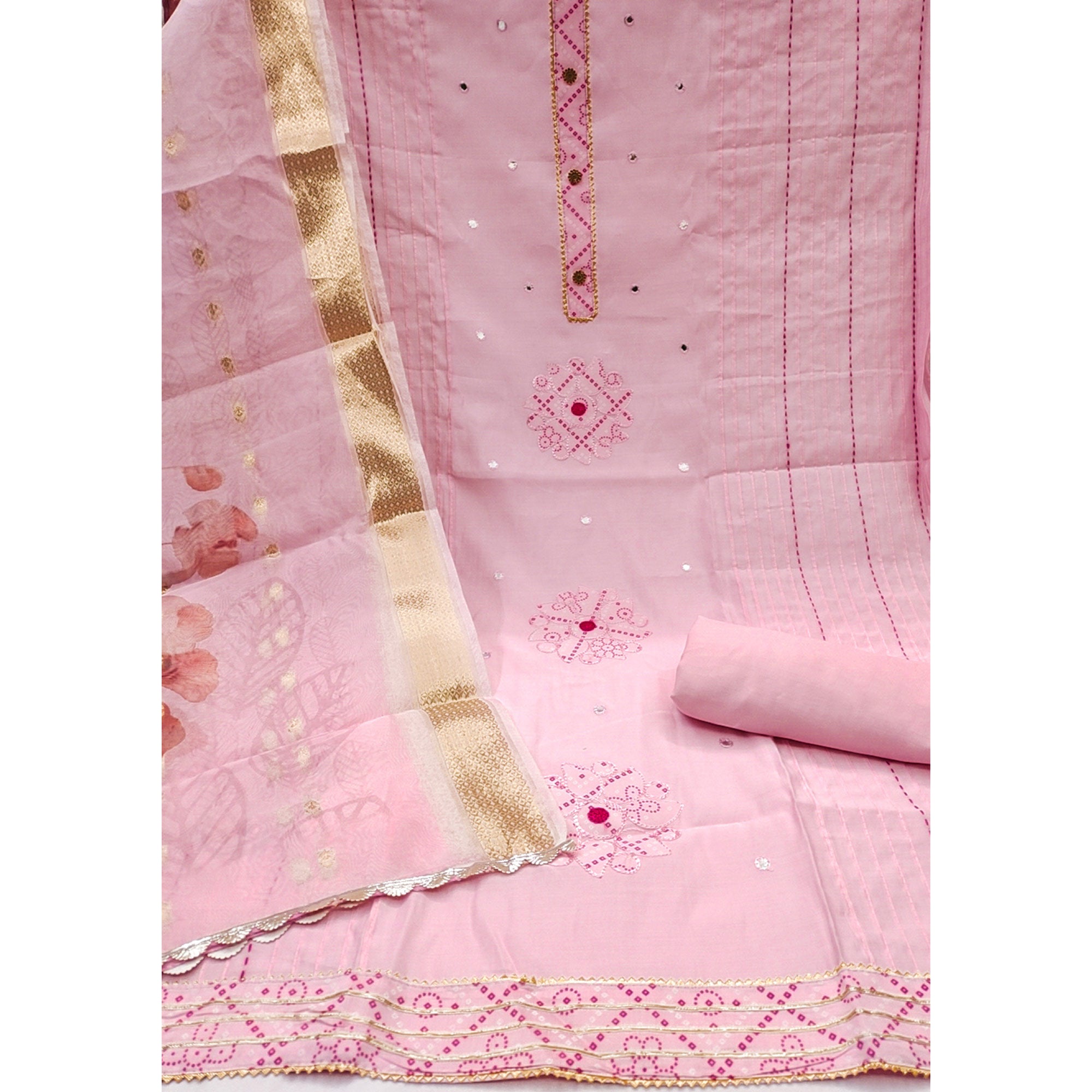 Pink Cotton Silk Dress Material With Intricate Thread Embroidery With Handwork