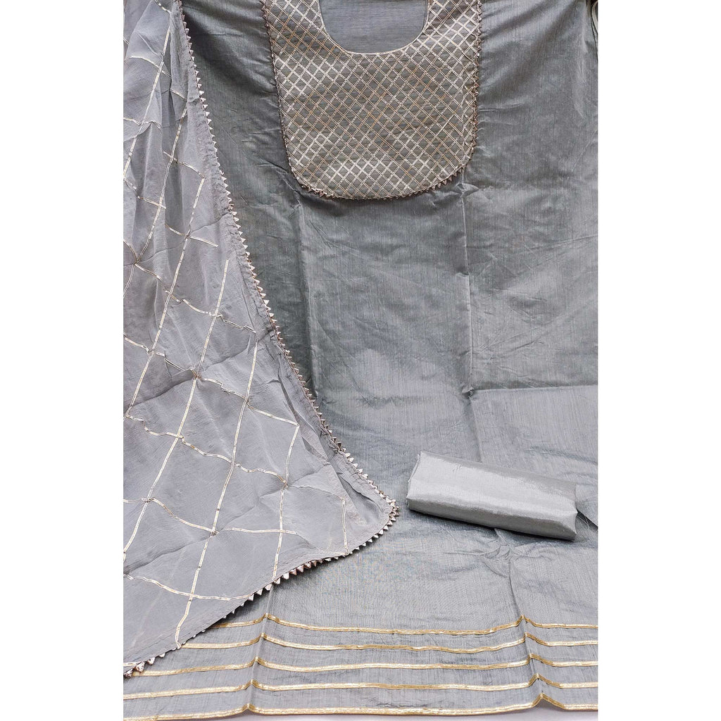 Grey Dress Material in Modal Chanderi Silk With Traditional Gota Patti Embellishments