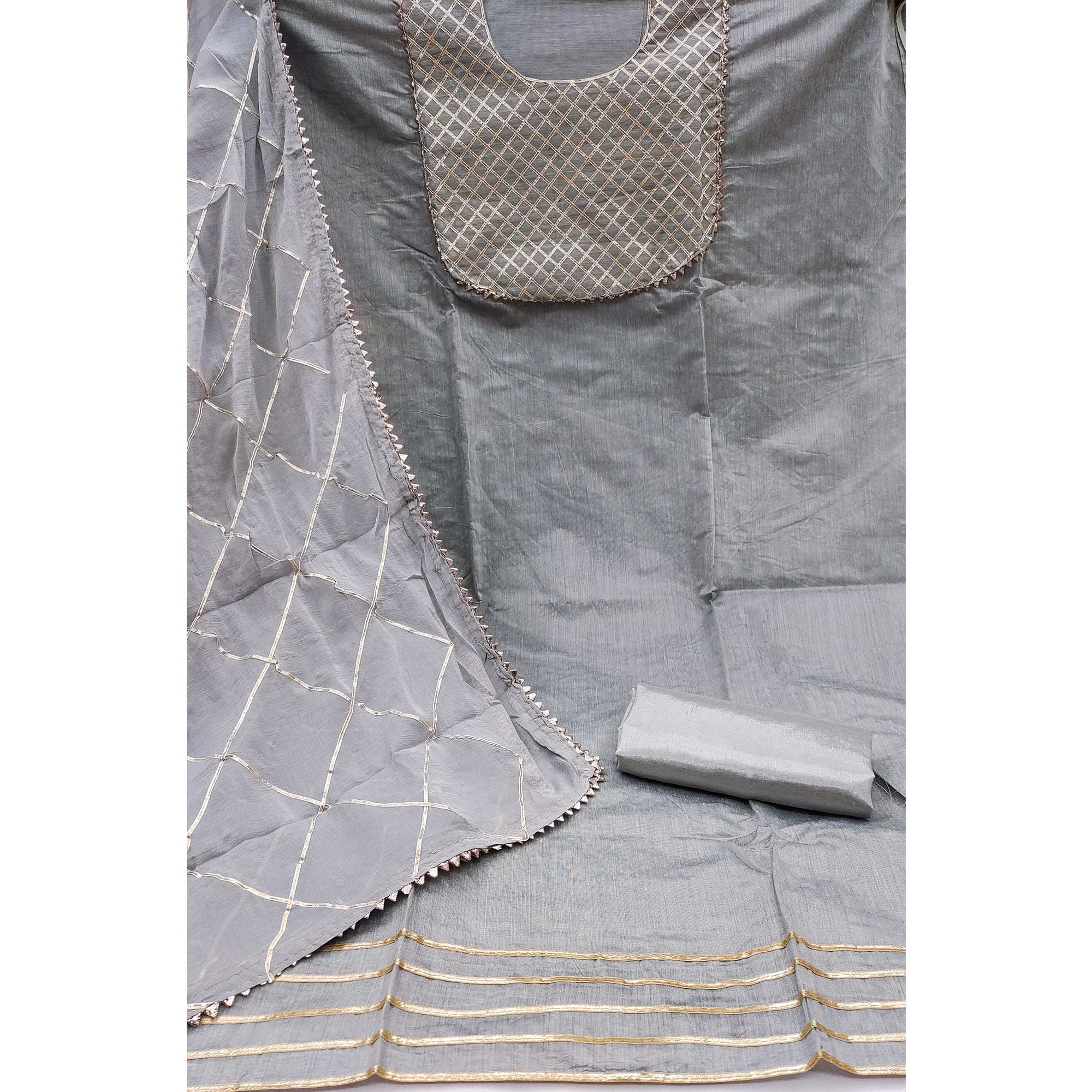 Grey Dress Material in Modal Chanderi Silk With Traditional Gota Patti Embellishments