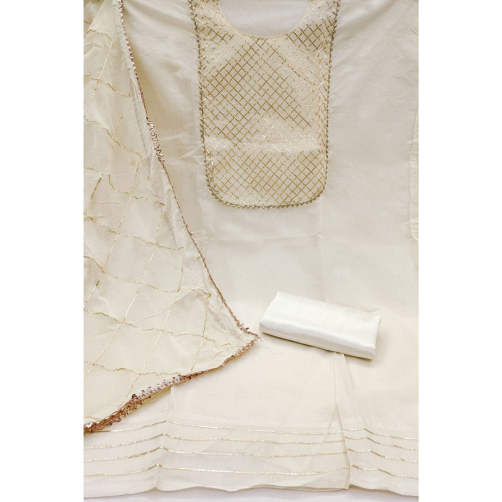 Offwhite Dress Material in Modal Chanderi Silk With Traditional Gota Patti Embellishments