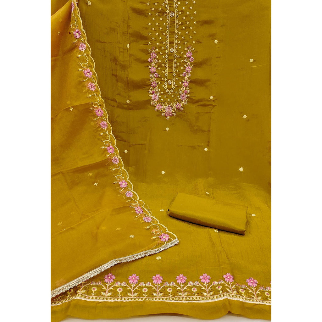 Dark Mustard Dress Material In Viscose With Intricate Floral Sequins Embroidery & Handwork