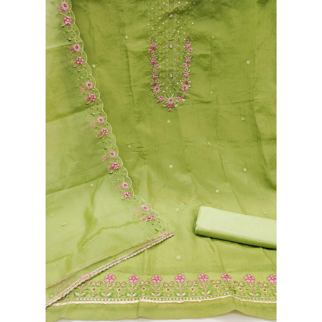 Green Dress Material In Viscose With Intricate Floral Sequins Embroidery & Handwork