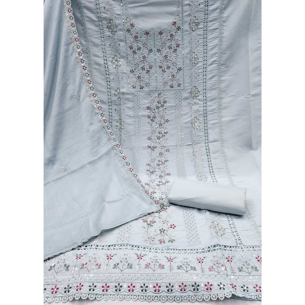 Grey Floral Embroidered Cotton Silk Dress Material With Glimmering Floral Sequins Work