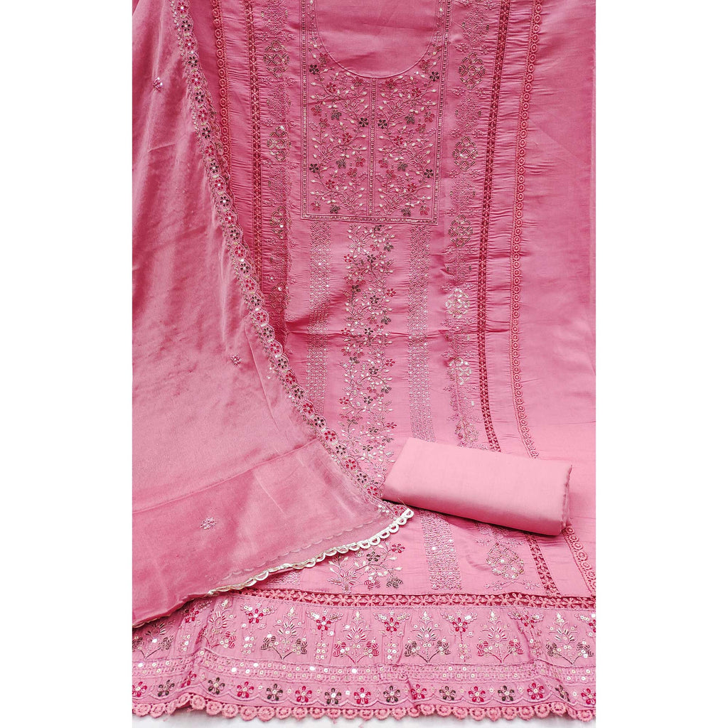 Pink Floral Embroidered Cotton Silk Dress Material With Glimmering Floral Sequins Work
