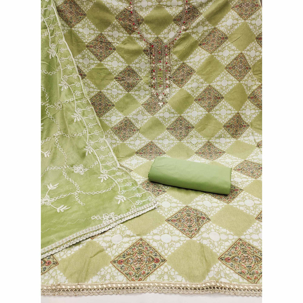 Green Floral Printed Green Pure Cotton Dress Material With Moti & Gota Patti Handwork Embellishment