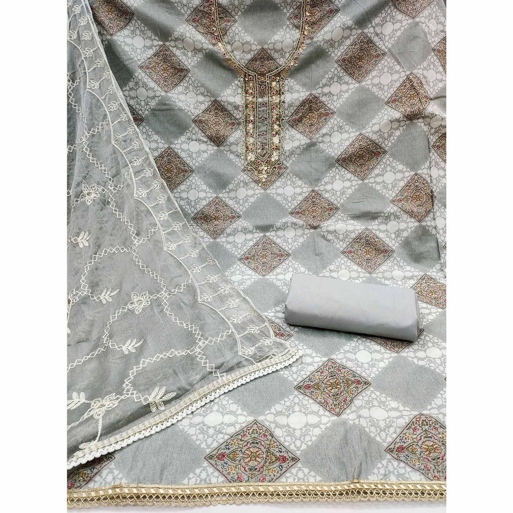 Grey Floral Printed Green Pure Cotton Dress Material With Moti & Gota Patti Handwork Embellishment