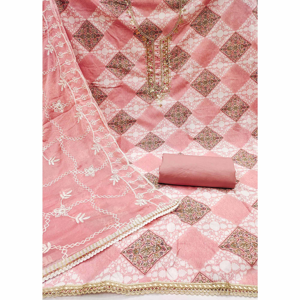 Peach Floral Printed Green Pure Cotton Dress Material With Moti & Gota Patti Handwork Embellishment