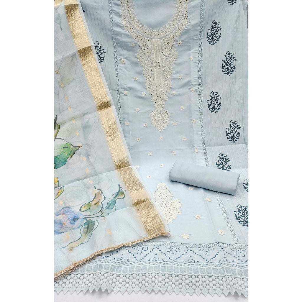 Light Bluish Grey Thread Embroidered Cotton Silk Dress Material With Floral Motifs & Stone Work