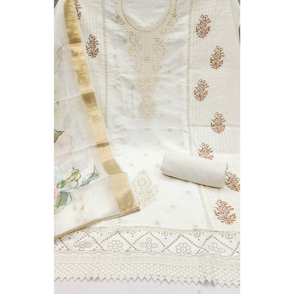Offwhite Thread Embroidered Cotton Silk Dress Material With Floral Motifs & Stone Work