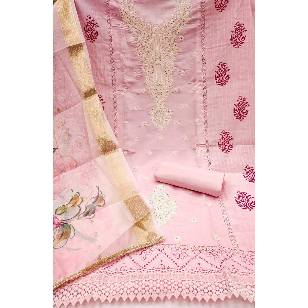 Pink Thread Embroidered Cotton Silk Dress Material With Floral Motifs & Stone Work