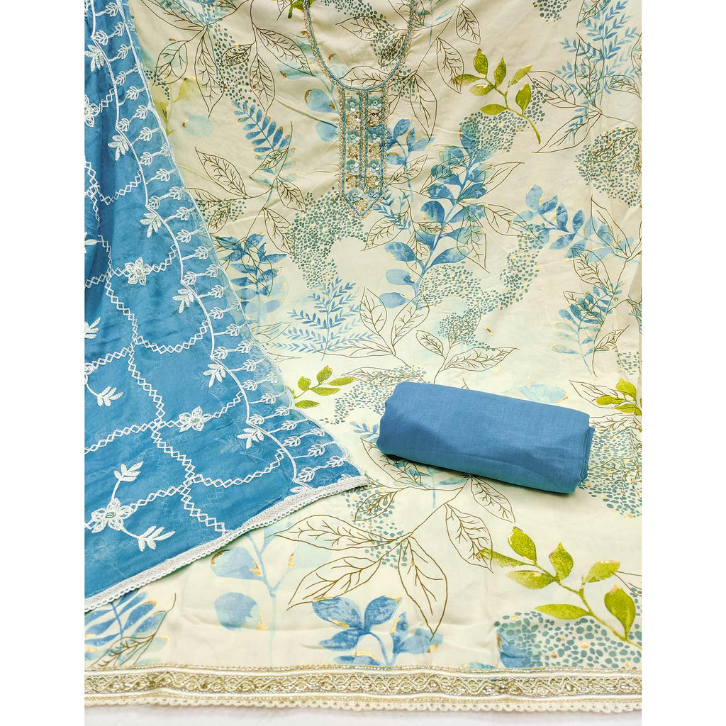 Cream & Blue Floral Printed Pure Cotton Dress Material With Intricate Moti & Stones work